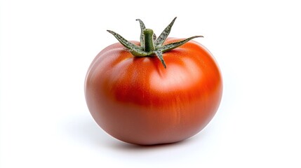 A ripe red tomato with green leaves on a white background.