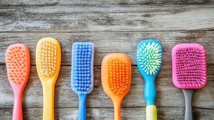 A collection of colorful cleaning brushes and sponges arranged on a rustic wooden table.