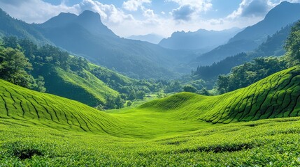 Obraz premium Lush green hills and mountains under a bright sky, showcasing serene natural beauty.