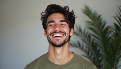 Fototapeta premium A cheerful young man with dark hair and a well-groomed beard beams with a bright smile, exuding happiness and warmth. The soft background and lush green plant enhance the uplifting atmosphere, making