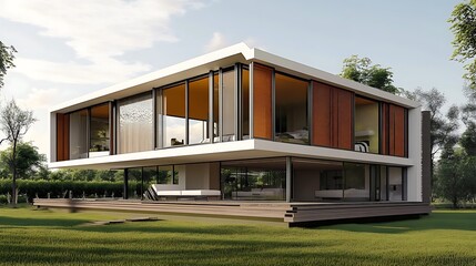 Fototapeta premium Modern Architectural Design: Luxurious Two-Story House with Expansive Windows and Wooden Accents