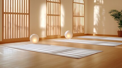 Pilates exercise sequence, stylish ad design with open space studio, peaceful ambiance