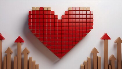 Red heart with wood inlay, wood blocks surround, geometric design