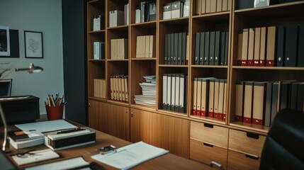A contemporary home office with a storage cabinet holding files, folders, and office supplies.