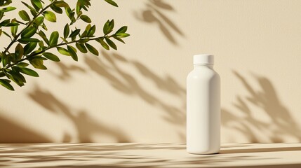 Sleek reusable water bottle on a nature-inspired background, earthy colors, clean text overlay area for eco-friendly campaign, minimal and modern design