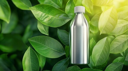 Stylish metal water bottle surrounded by green leaves, soft sunlight, text area for campaign slogan, simple and environmentally focused aesthetic