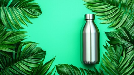 Stylish metal water bottle surrounded by green leaves, soft sunlight, text area for campaign slogan, simple and environmentally focused aesthetic
