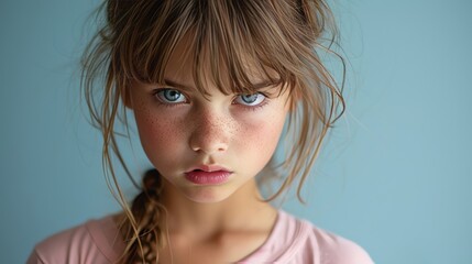 Naklejka premium Portrait of a Young Girl With a Serious, Determined Expression on Her Face Against a Blue Background