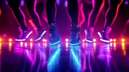 Zumba dance party vibe with motion blur, dancers in high-energy poses, ample text space for ad, lively lighting and festive colors