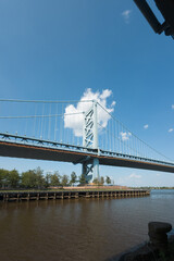 Benjamin Franklin bridge spans a river, with a clear blue sky above