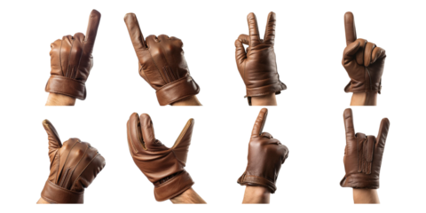 Various Hand Gestures with Brown Leather Gloves, set collection, mega bundle, isolated on transparent background