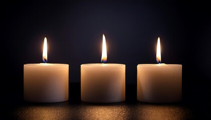 Three lit candles glow softly against a dark, contrasting background.