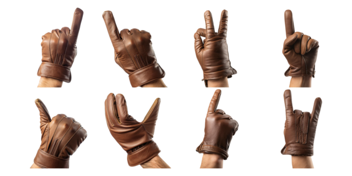 Various Hand Gestures with Brown Leather Gloves, set collection, mega bundle, isolated on transparent background