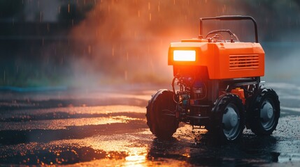 A gasoline generator running in an emergency setup during a stormy night.