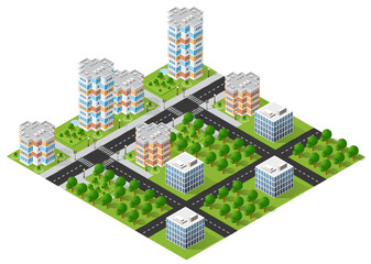 Isometric view of a modern city center with skyscrapers, roads, crosswalks, trees and green areas