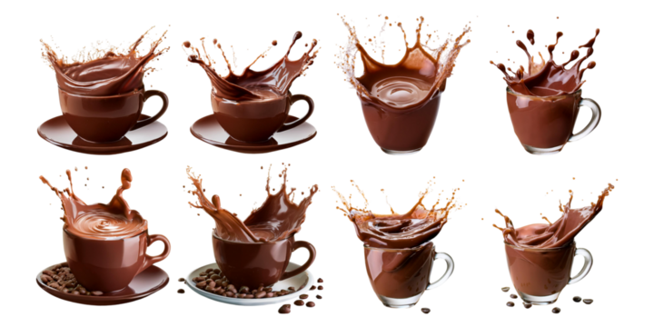 collection of coffee cups with splashing liquid, isolated on a transparent background, ideal for beverage ads, dynamic designs, or coffee-related projects.