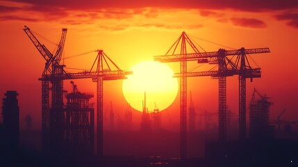 Obraz premium Silhouetted Construction Cranes at Sunset: A Cityscape of Progress