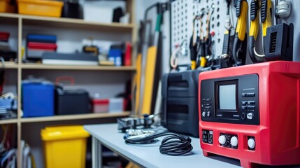 Fototapeta premium A generator charging various devices in a tidy workstation, emphasizing emergency preparedness.