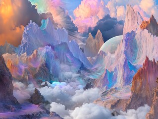Surreal landscape painting of pastel mountains, clouds, and a celestial body. Dreamlike, ethereal, and colorful scenery.