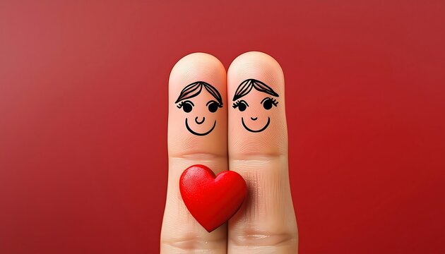 Two fingers with drawn faces featuring heart eyes, stand against a red heart and background.