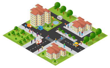 Isometric city with buildings, parks, roads, cars, delivery trucks, and people walking, shopping, and commuting