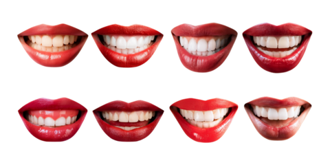 red female lips with white healthy teeth and perfect smile, set collection, mega bundle, isolated on transparent background