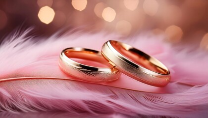 Two golden textured wedding rings lie on a soft pink feather against a sparkly background with bokeh lights.