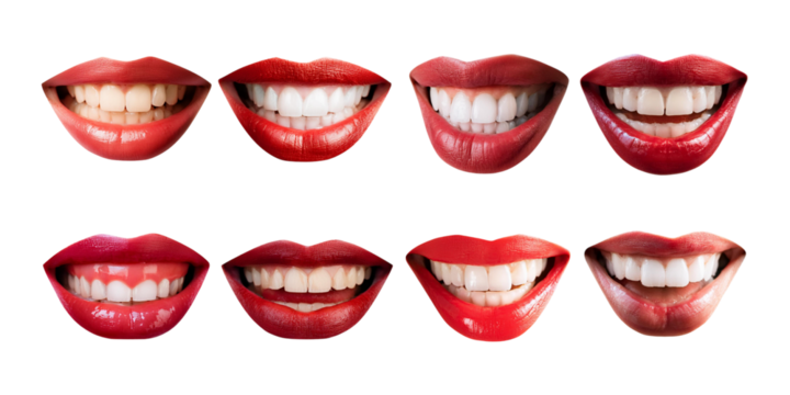 red female lips with white healthy teeth and perfect smile, set collection, mega bundle, isolated on transparent background