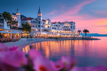 Obraz premium A 3D digital illustration of the Opatija Riviera, showcasing elegant villas and the iconic Lungomare promenade under a glowing sunset