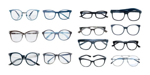 collection of various eyeglasses frames in different shapes and styles, isolated on a transparent background in PNG format. Ideal for fashion, eyewear, and design projects.
