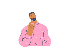 Thinking people, modern flat vector concept illustration- man standing thoughtfully, looking upwards. Metaphor for reflection, analysis, introspection, contemplation, deep thought