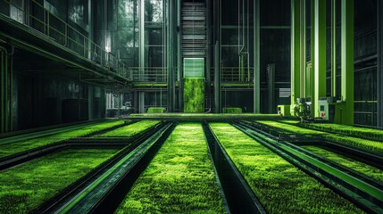 Fototapeta premium Futuristic indoor vertical farming facility showcasing lush green crops and advanced hydroponic systems in a high-tech agricultural environment