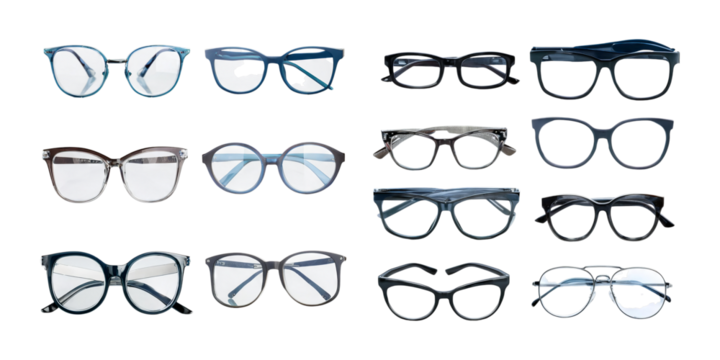 collection of various eyeglasses frames in different shapes and styles, isolated on a transparent background in PNG format. Ideal for fashion, eyewear, and design projects.