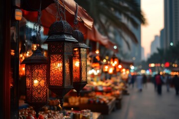 A busy Kuwaiti street market at dusk, illuminated by hanging lanterns and bustling with activity