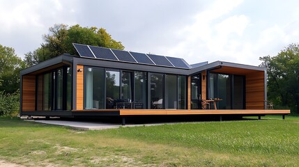 Obraz premium Modern Eco-Friendly Prefabricated House with Solar Panels