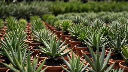 Rows of small succulents in terracotta pots, a greenhouse setting.