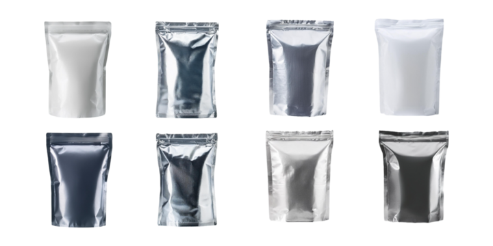 White grey silver foil blank bag package, set collection, mega bundle, isolated on transparent background