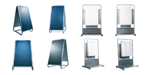 set collection of metal signage stands in various designs, ideal for advertising or display, mega bundle, isolated on a transparent background.