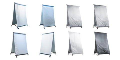 Display screens and panels on stands, set up in different styles, isolated on a transparent background for advertising or presentation use.