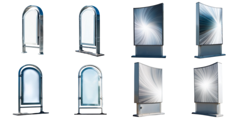 Set of outdoor advertising billboards and signage, featuring various designs and styles for marketing displays. Isolated on transparent background.