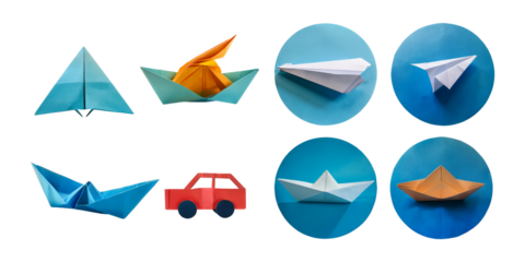 Colorful Origami Boats and Paper Plane Creations, set collection, mega bundle, isolated on transparent background