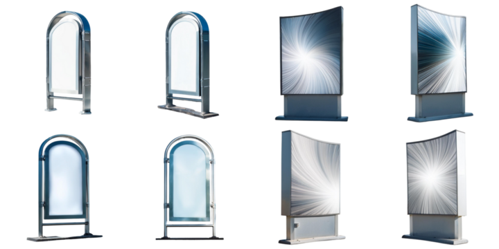 Set of outdoor advertising billboards and signage, featuring various designs and styles for marketing displays. Isolated on transparent background.