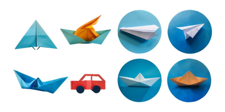 Colorful Origami Boats and Paper Plane Creations, set collection, mega bundle, isolated on transparent background