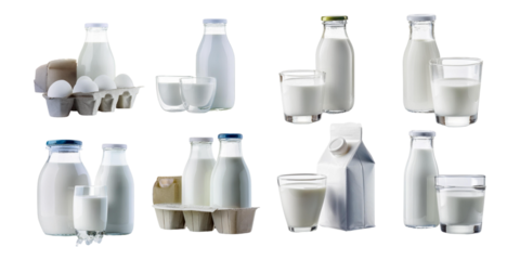 realistic white containers for dairy natural products, milk bottles with lids, filled glasses, cardboard packs for yogurt, set collection, mega bundle, isolated on transparent background