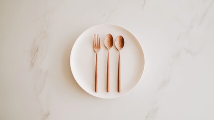 A minimalist white plate with a fork and spoon arranged symmetrically, set on a sleek marble table.