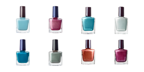 realistic style clean bottles with nail polish, set collection, mega bundle, isolated on transparent background