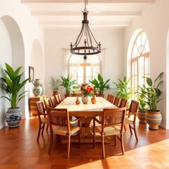 Obraz premium A spacious dining room characterized by warm, earthy tones and a welcoming atmosphere. Wooden Beams, Large Windows. Dining Table. Decorative Elements. Warm Lighting.