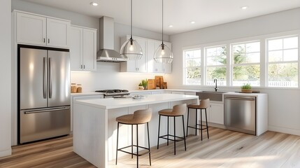 Fototapeta premium Affordable home kitchen, modern yet accessible design, vibrant lighting, framed with spacious ad layout, family-friendly and warm colors