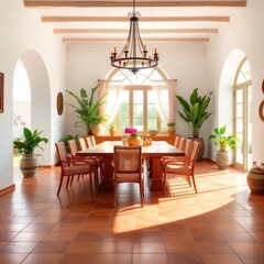 Fototapeta premium A spacious dining room characterized by warm, earthy tones and a welcoming atmosphere. Wooden Beams, Large Windows. Dining Table. Decorative Elements. Warm Lighting.