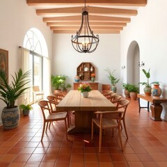 Fototapeta premium A spacious dining room characterized by warm, earthy tones and a welcoming atmosphere. Wooden Beams, Large Windows. Dining Table. Decorative Elements. Warm Lighting.